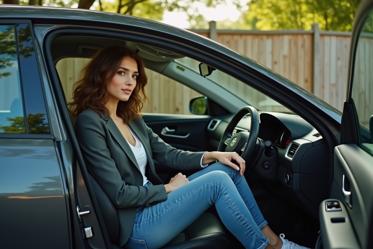 Femme détendue dans une voiture hybride dans un jardin résidentiel