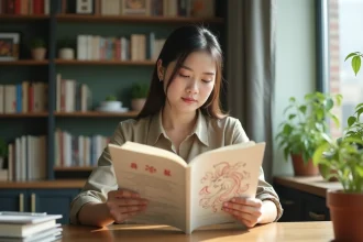 Femme en bureau contemporain tenant un livre avec le zodiaque chinois