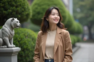 Jeune femme confiante près d'une statue de tigre zodiaque