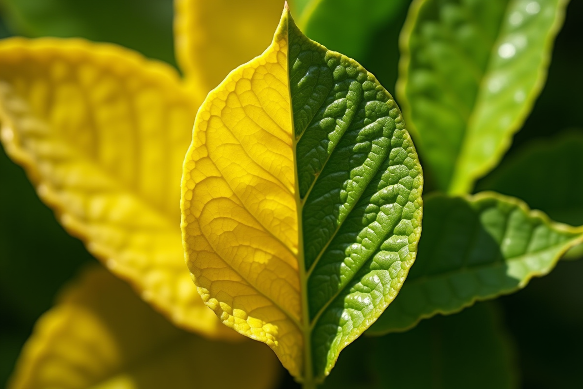 Feuilles de citronnier avec jaunissement et vert brillant