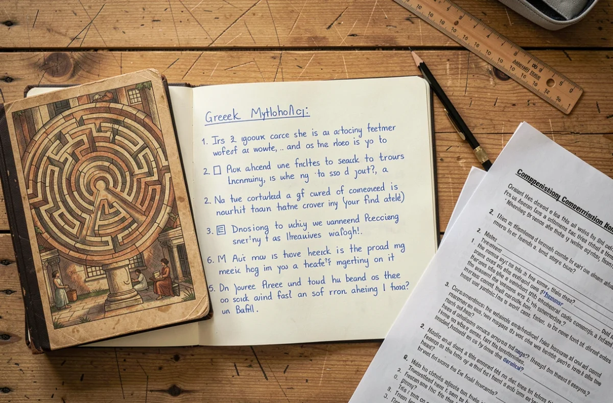 Fiche de lecture sur le Labyrinthe et le Minotaure avec cahier annoté et livres de mythologie grecque sur un bureau