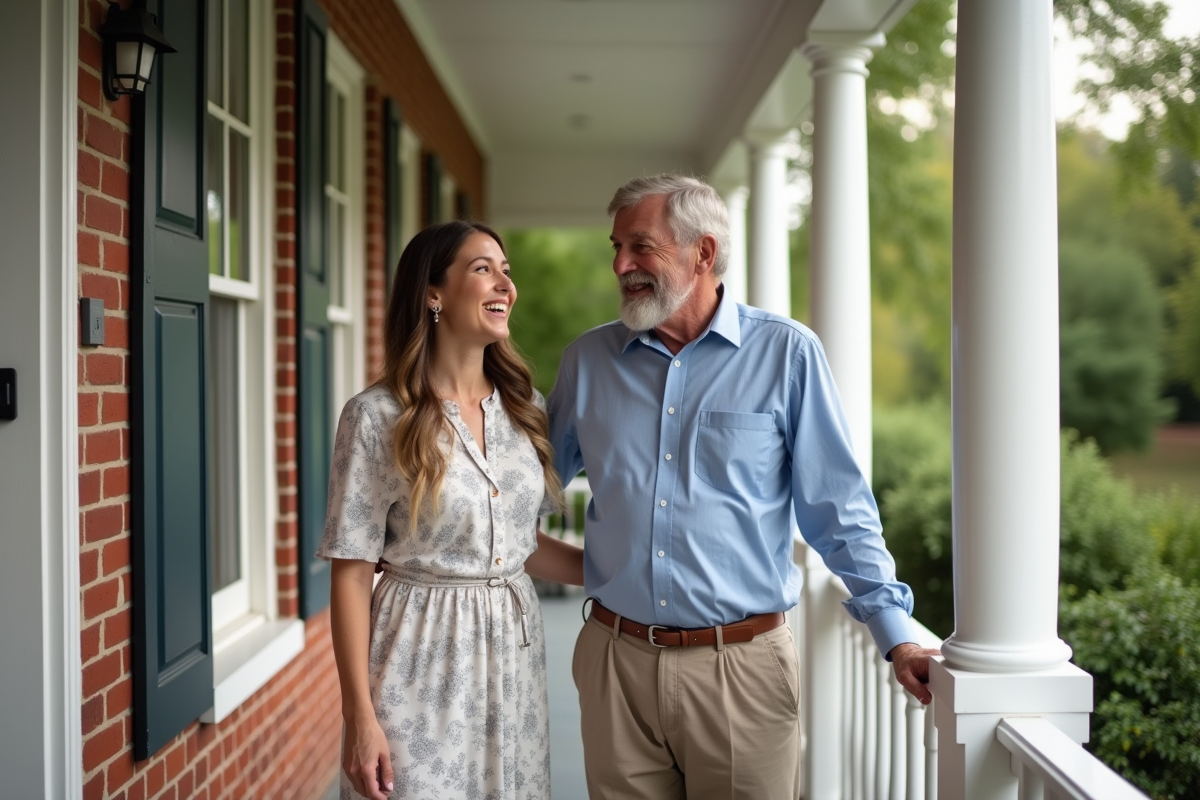 Fille et père souriants sur la terrasse de la maison