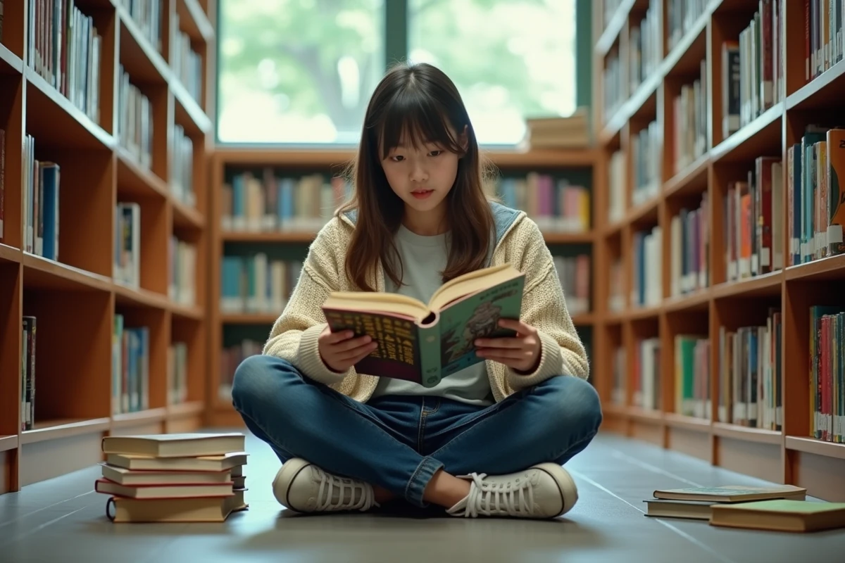 Une adolescente lisant des mangas dans une bibliothèque lumineuse