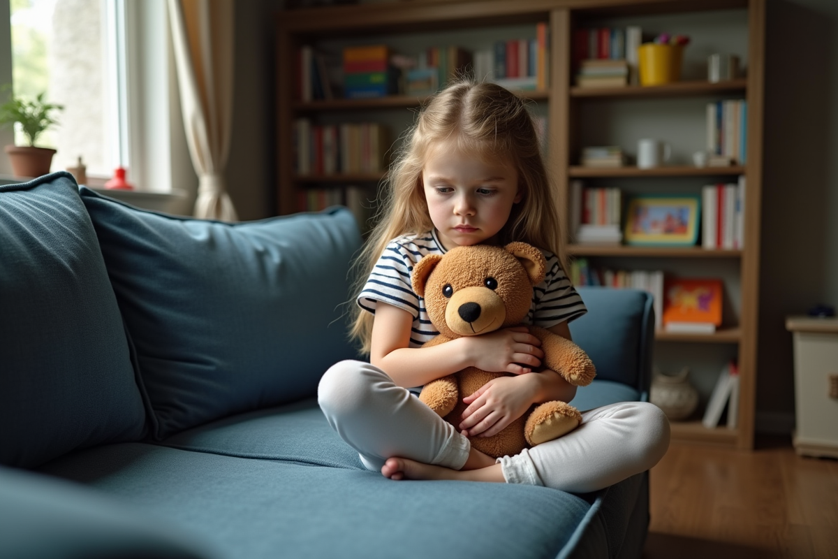 Jeune fille pensive assise sur un canapé en denim
