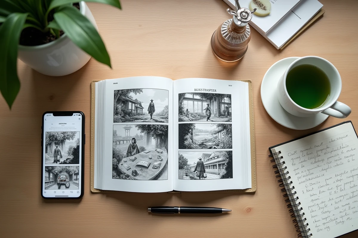 Flat-lay éditorial d'un manga One Piece ouvert, d'un smartphone avec application de scan en français et d'une tasse de thé sur une table en bois