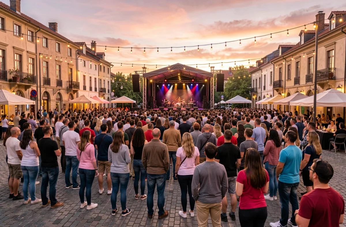 Foule devant une scène de spectacle en plein air au coucher du soleil