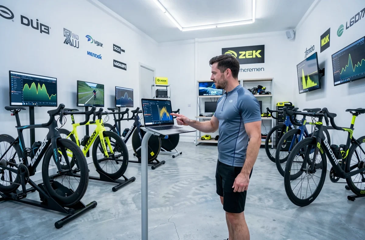 Studio GaasWatt avec mécanicien-coach analysant des données cyclistes sur ordinateur entouré de vélos de route