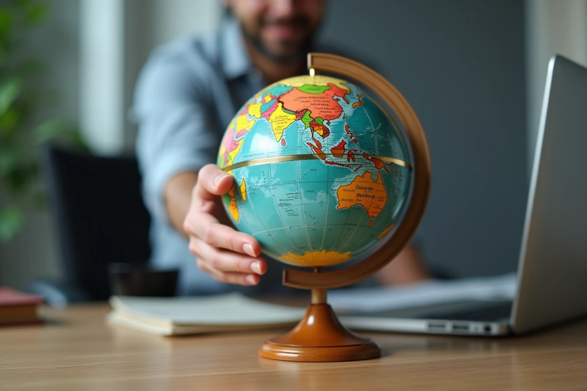 Main d'homme faisant tourner un globe terrestre de bureau représentant les plus grands pays du monde