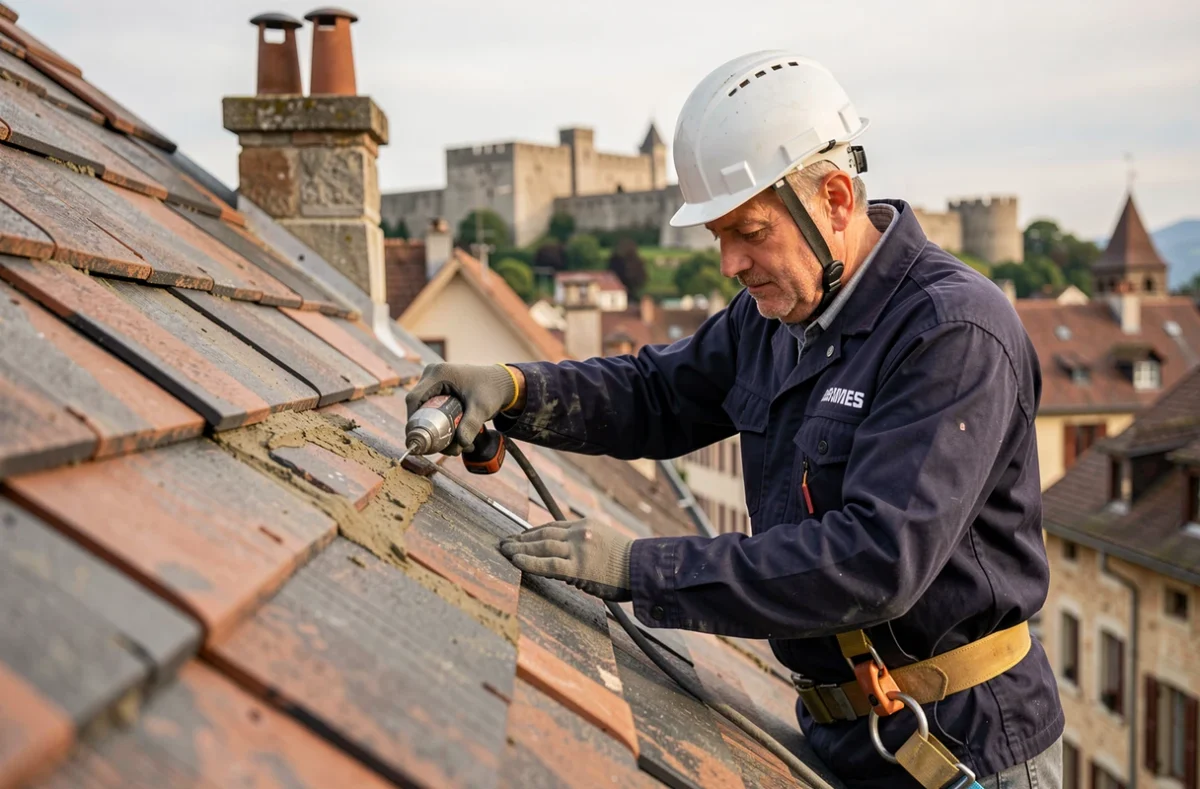 Couvreur de Grenoble Toiture Services fixant des faîtières sur une toiture avec la Bastille visible en arrière-plan
