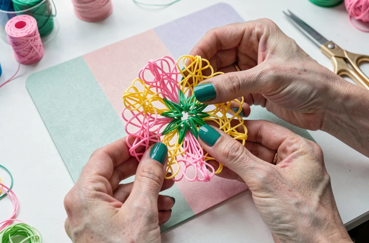 Gros plan sur des mains tressant un scoubidou fleur en lacets plastiques roses et jaunes