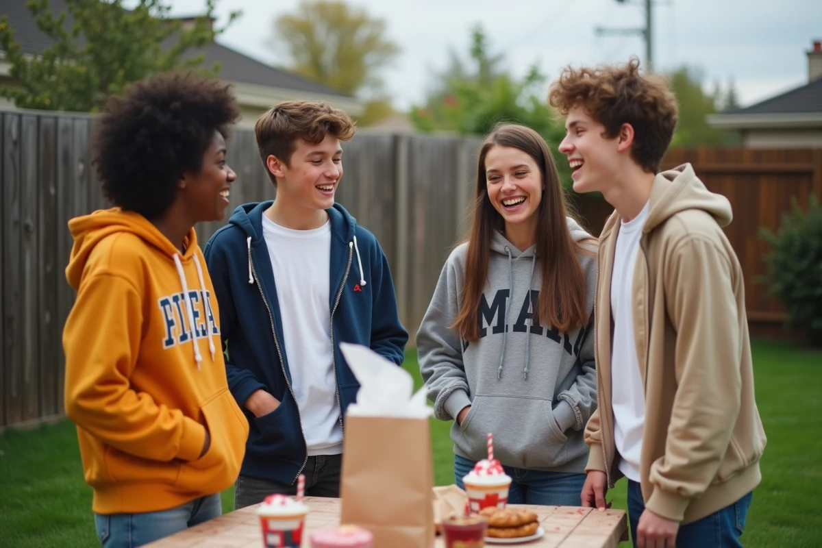 Groupe d'adolescents fêtant un anniversaire de 16 ans autour d'une table dans un jardin
