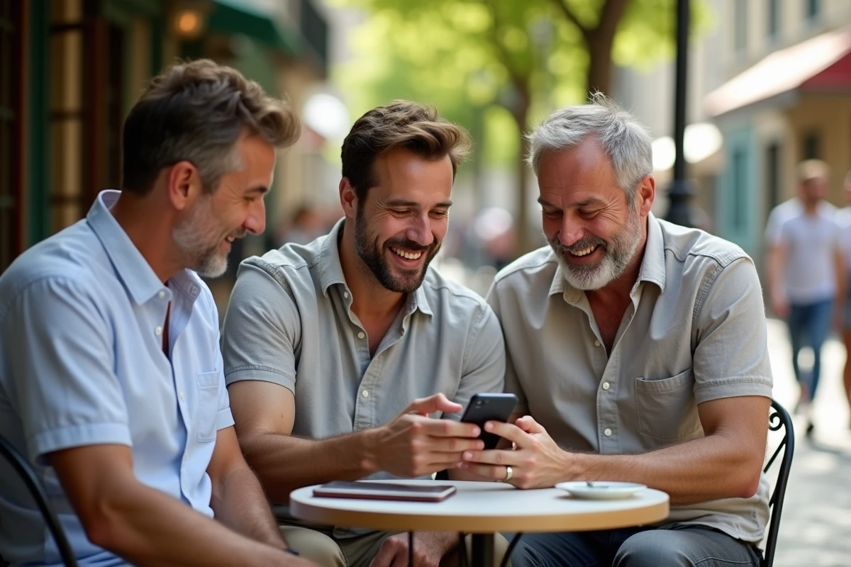 Groupe d'hommes adultes riant ensemble devant un gif animé d'anniversaire sur un smartphone en terrasse