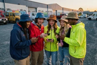 Groupe de jeunes adultes consultant une application de renseignements pour rave et free party sur smartphone devant un entrepôt industriel