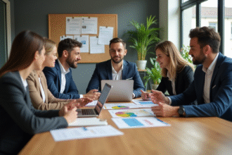 Groupe de six adultes en réunion dans un bureau moderne