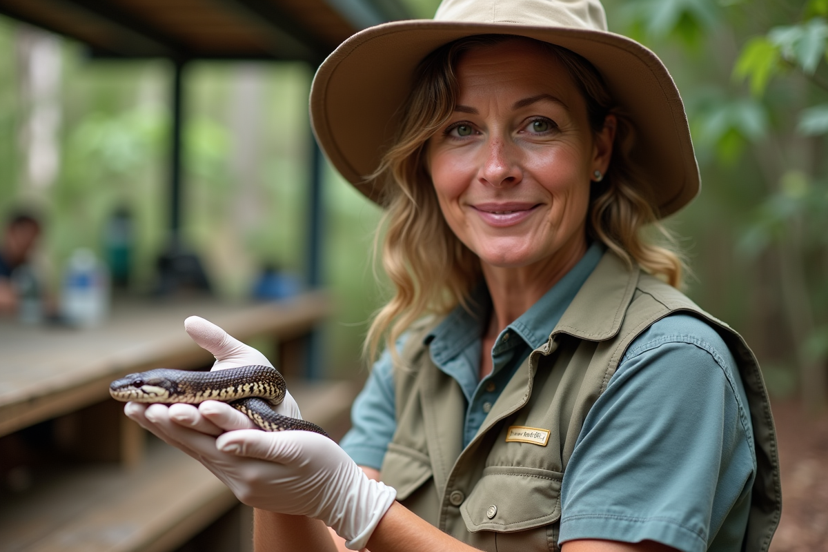 Herpetologue australienne tenant un python dans un environnement naturel