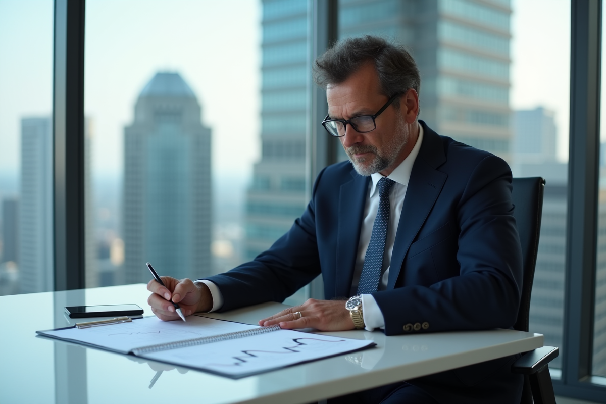 Homme d'affaires en costume analysant un graphique de rendement