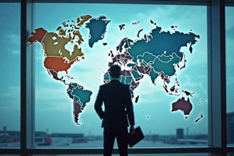 Homme d'affaires regardant une carte du monde à l'aéroport