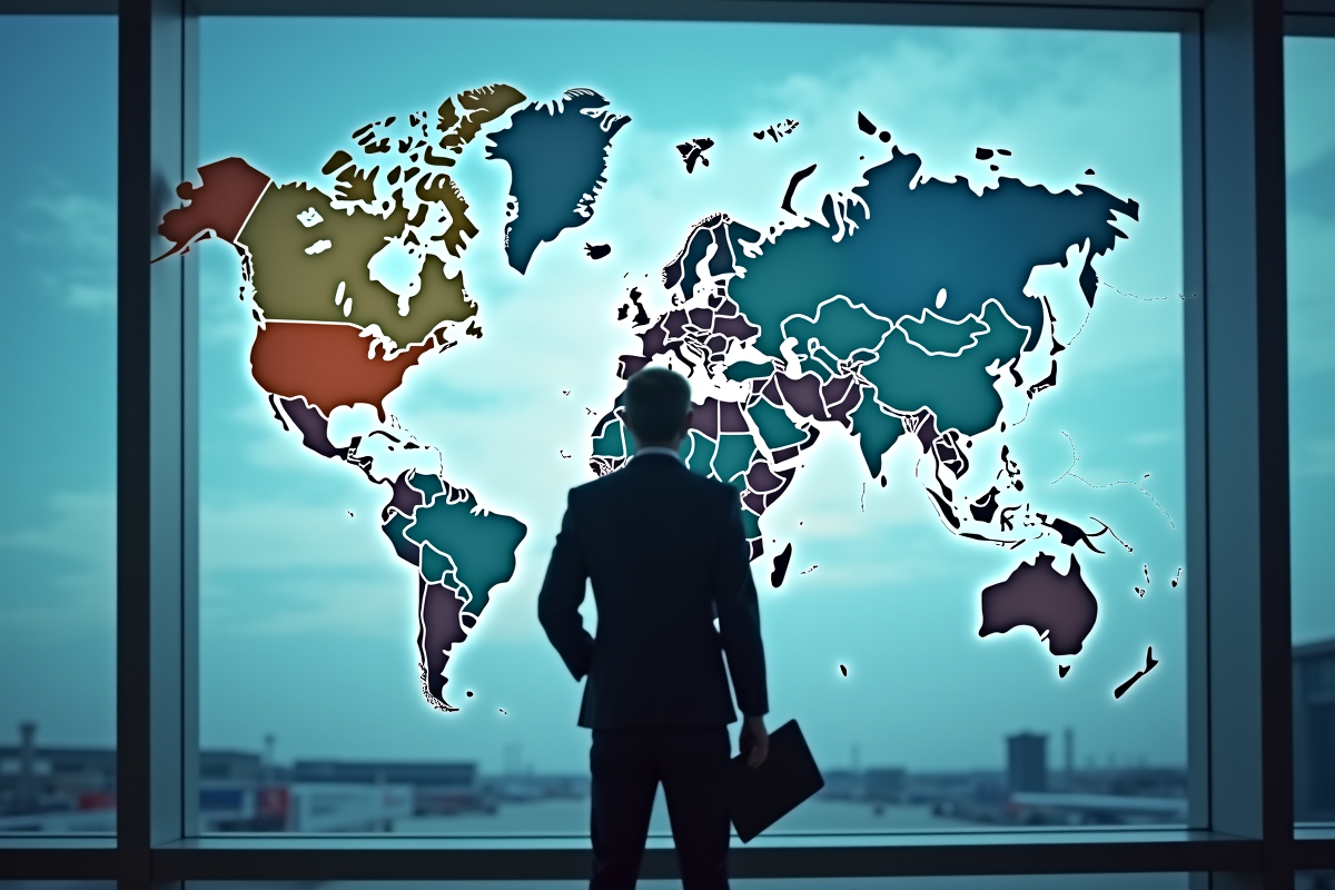 Homme d'affaires regardant une carte du monde à l'aéroport