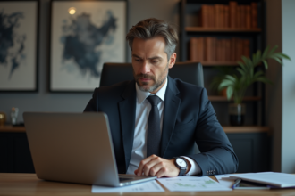 Homme d'affaires en costume regardant des graphiques financiers