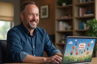 Homme d'une quarantaine d'années souriant devant un gif animé d'anniversaire sur son ordinateur portable