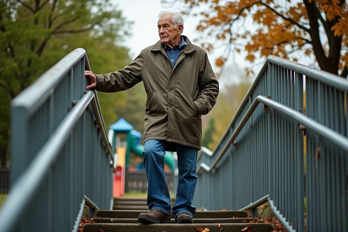 Homme âgé sur des escaliers métalliques dans un parc public