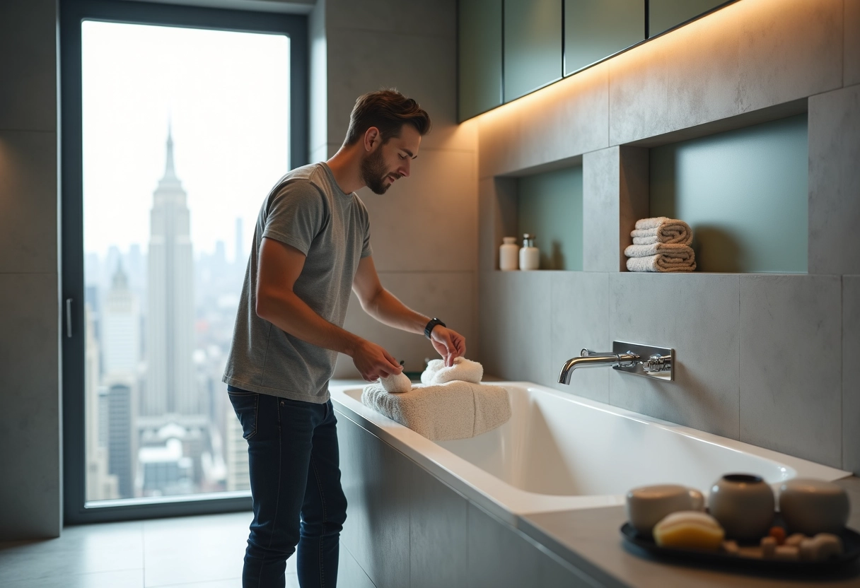 Homme arrangeant serviettes et accessoires dans salle de bain