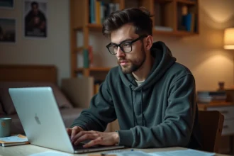 Homme en hoodie regardant un site de films sur son ordinateur