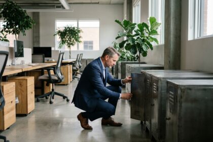 Homme d'affaires en costume navy dans un bureau moderne