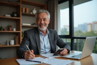 Homme d'âge moyen avec calculatrice et bloc notes dans un intérieur moderne