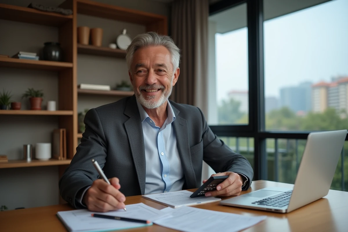 Homme d'âge moyen avec calculatrice et bloc notes dans un intérieur moderne