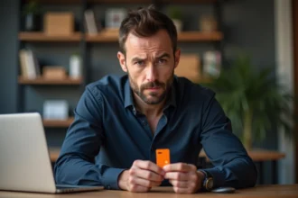 Homme tenant un pack de carte SIM Orange en examinant le prix affiché avec une expression dubitative