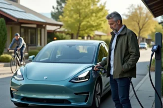 Homme en tenue smart casual charge une voiture électrique dans un environnement écologique