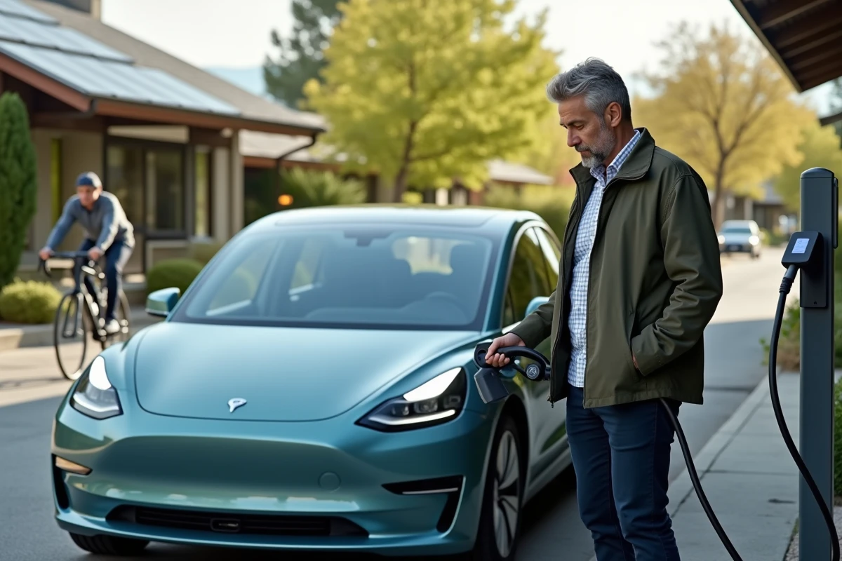 Homme en tenue smart casual charge une voiture électrique dans un environnement écologique