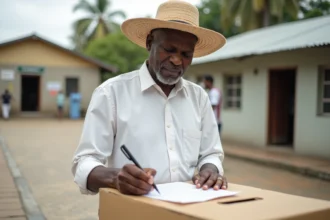 Homme comorien vote dans une cabine extérieure