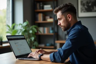 Homme consultant des avis en ligne sur un site web depuis son bureau à domicile