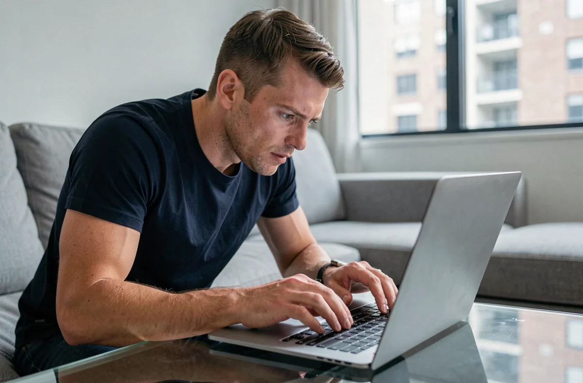 Homme concentré qui tente de résoudre un problème de mod WickedWhims sur son ordinateur portable