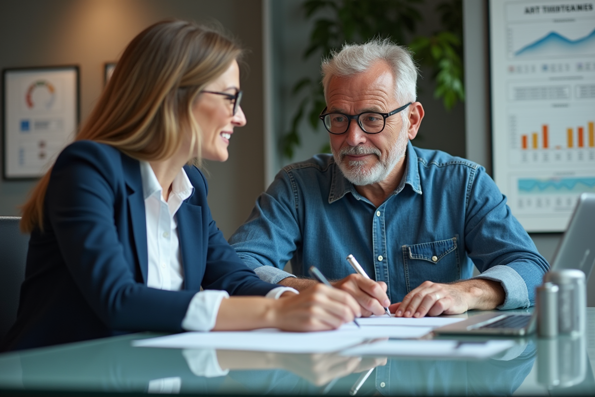 Homme français signant un document avec une conseillère financière moderne