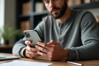 Homme inspectant un iPhone 14 reconditionné posé sur un bureau en bois dans un bureau à domicile moderne
