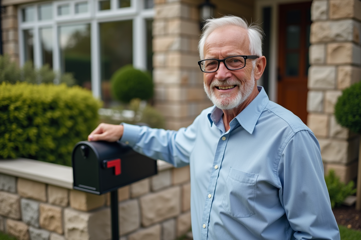Homme âgé pointant sa boîte aux lettres devant la maison