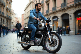 Homme en denim sur une moto dax 125 en ville