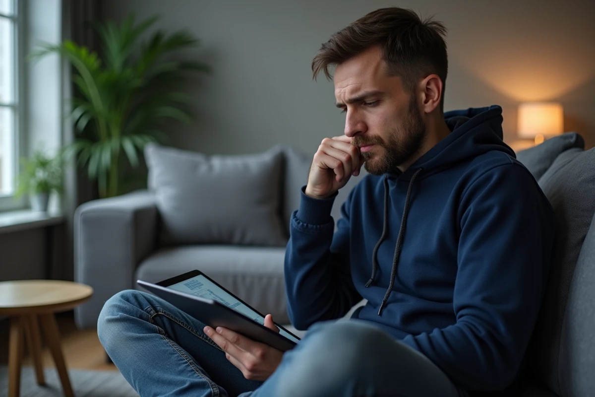 Homme réfléchissant devant une grille de mots croisés en ligne sur une tablette numérique, assis sur un canapé dans un salon