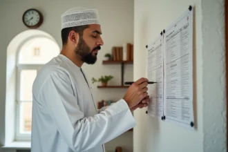Homme musulman consultant un horaire de prière affiché dans une mosquée de banlieue parisienne