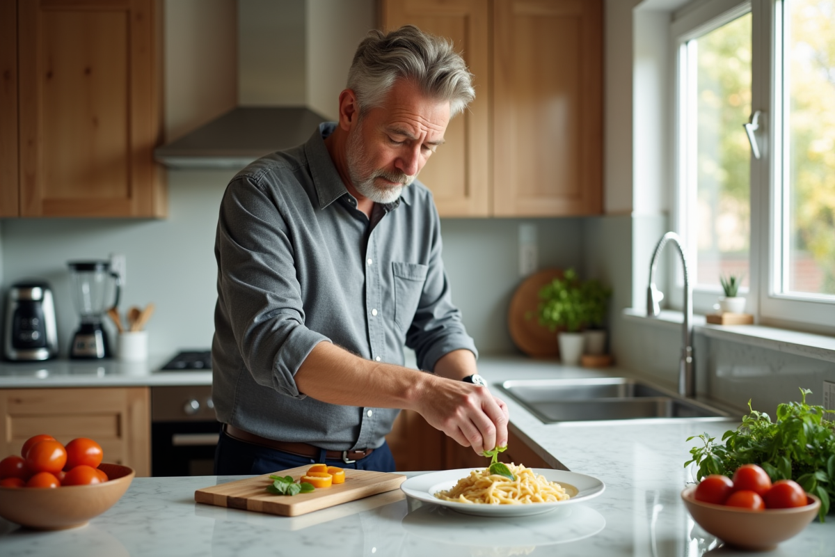 Homme préparant un plat de pâtes dans une cuisine lumineuse