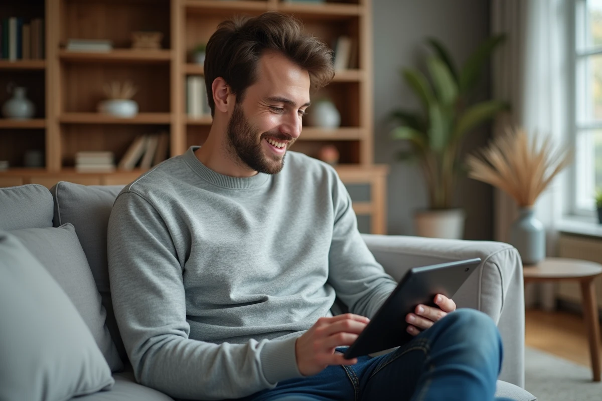 Homme dans la trentaine choisissant un gif animé d'anniversaire classe sur une tablette dans son salon