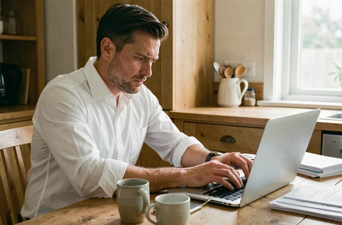 Homme en chemise blanche rédigeant une lettre administrative formelle sur ordinateur portable à une table en bois, symbolisant la rédaction de courriers officiels urgents