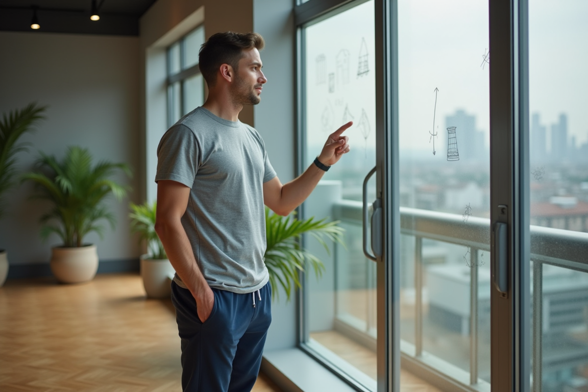 Jeune homme regardant par la fenêtre dans un espace lumineux