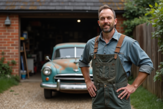Homme en overalls devant une vieille voiture en campagne