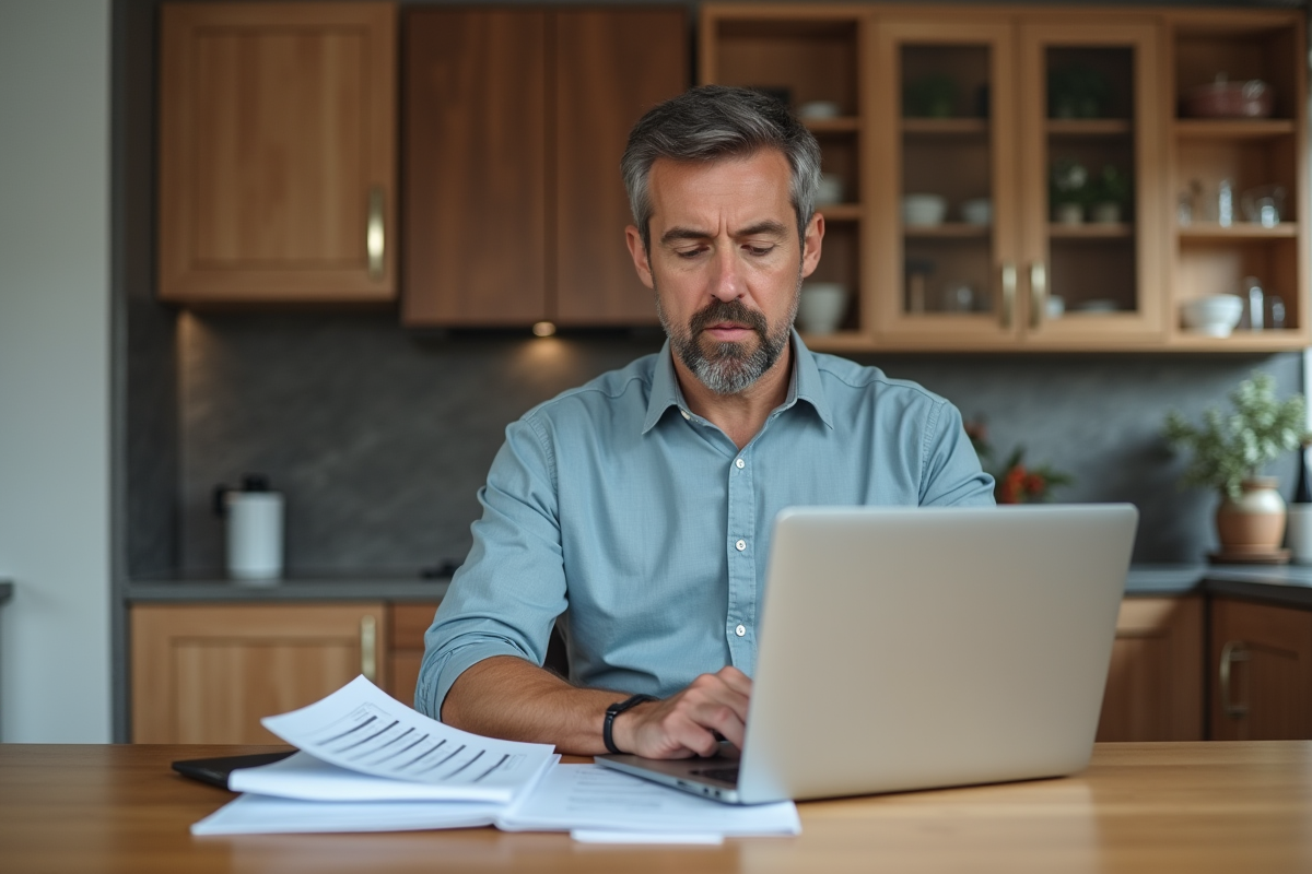Homme d'âge moyen analysant ses documents locatifs à la maison