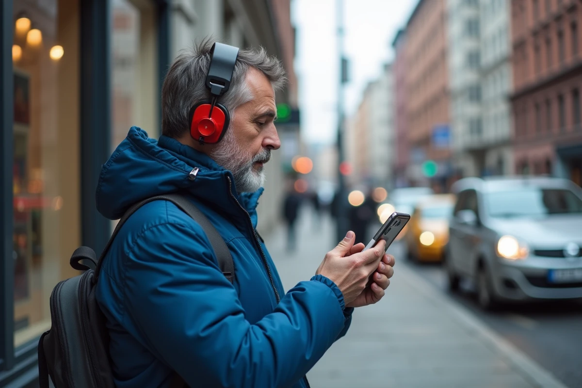 Homme mesurant le bruit de la rue avec son smartphone