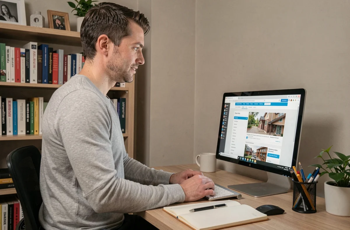 Homme consultant un site d'informations sur la maison et le budget depuis un ordinateur dans un bureau à domicile